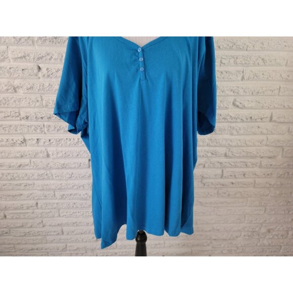 Roamans Women Top 4X Plus Short Sleeve Pullover Blue Cotton Deco Buttons BLU136E - Picture 4 of 7